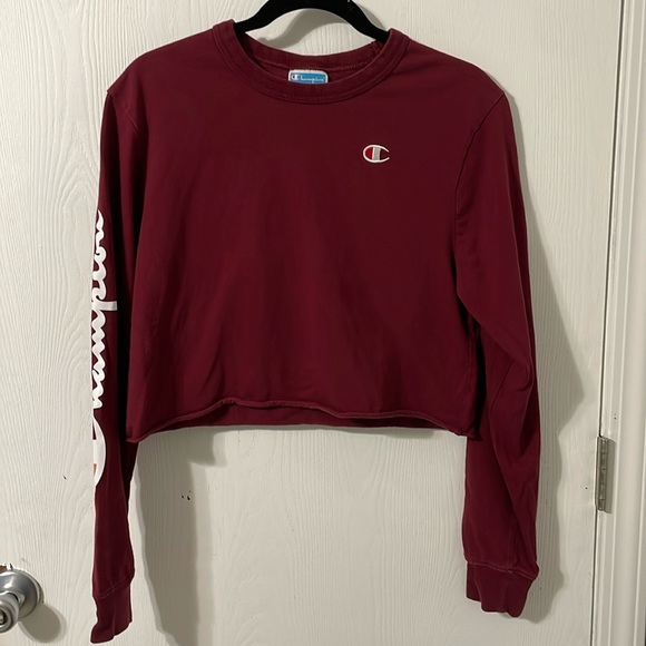 Champion Tops - Champion Maroon Cropped Logo Long Sleeve 100% Cotton Top Size Small